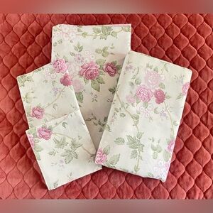 Vintage 4 Piece Sheet Set Cotton Blend Pink Roses Shabby Chic Queen Sz